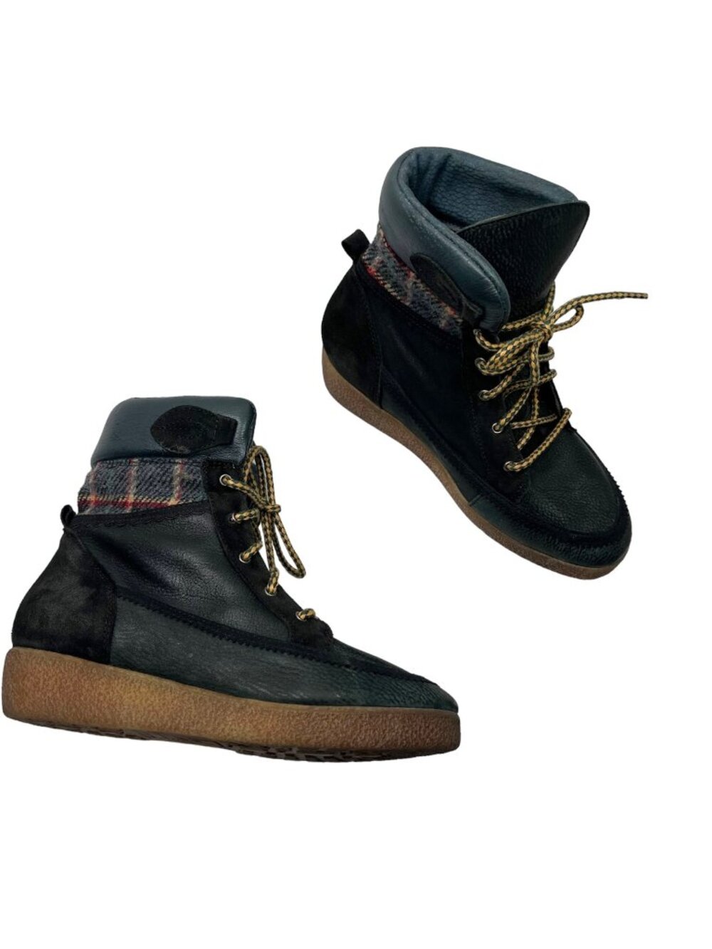 coolway Black Leather Plaid trim Lace Up Ankle Boots US 7